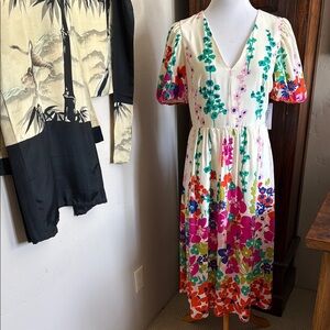 Donna Morgan Green and Pink Puff Sleeve Sundress